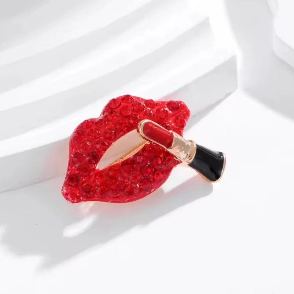 Red Crystal Lips Lipstick Brooch